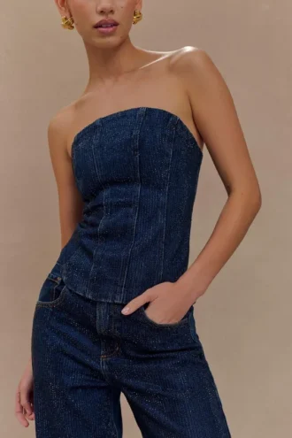 Monte strapless diamante Denim corset – middernachtblauw