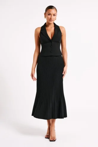 Twyla geplooide maxi-rok van kostuumstof – Zwart