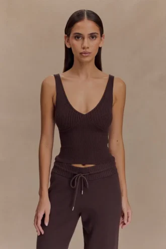 Natalya geribbelde gebreide cami-top – donkere chocolade