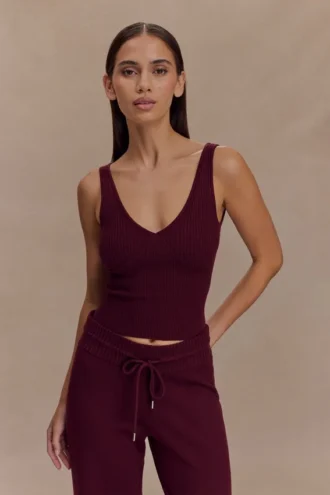 Natalya geribbelde gebreide cami-top – Merlot
