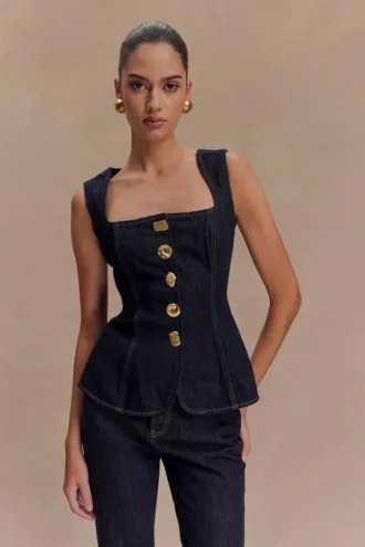 Neve mouwloze Denim-top met knopen – gewassen indigoblauw