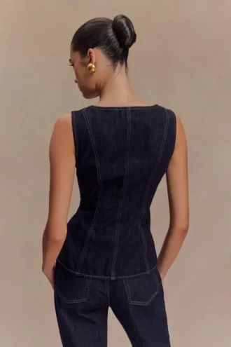 Neve mouwloze Denim-top met knopen – gewassen indigoblauw