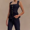 Neve mouwloze Denim-top met knopen – gewassen indigoblauw