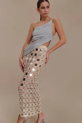 Noel midi-rok van spiegelbreisel – Beige