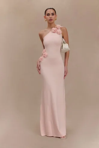 Paloma gebreide maxi-jurk met bloemen en één schouder – Babyroze