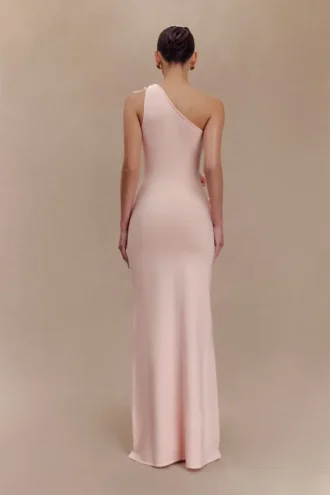 Paloma gebreide maxi-jurk met bloemen en één schouder – Babyroze