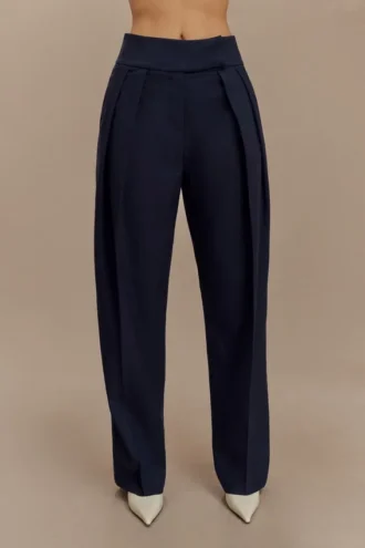 Penelope geplooide broek met hoge taille – donker marineblauw