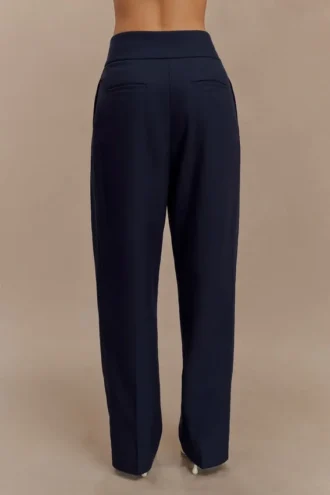 Penelope geplooide broek met hoge taille – donker marineblauw