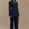 Penelope geplooide broek met hoge taille – donker marineblauw Penelope geplooide broek met hoge taille – donker marineblauw