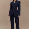 Penelope geplooide broek met hoge taille – donker marineblauw Penelope geplooide broek met hoge taille – donker marineblauw