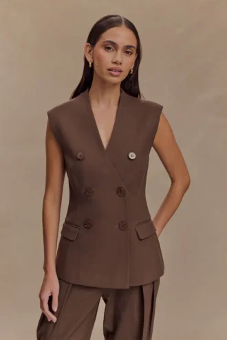 Penelope mouwloze blazer – Chocoladebruin