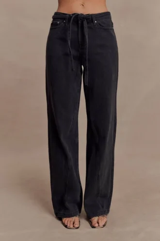Perrie mid-rise rechte jeans met strik – gewassen zwart