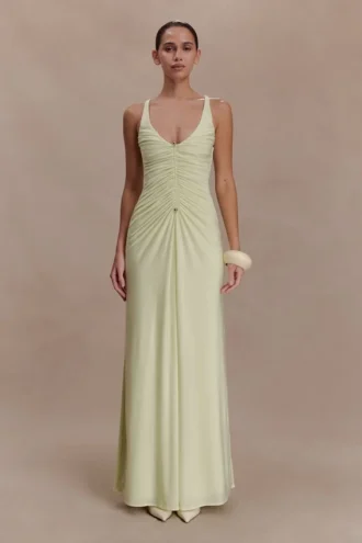 Perrie soepelvallende maxi-jurk met ruches – pastel limoen