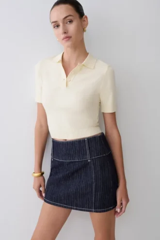 Loraine denim minirok met middelhoge taille – Indigo met krijtstreep