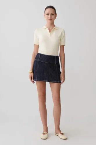 Loraine denim minirok met middelhoge taille – Indigo met krijtstreep