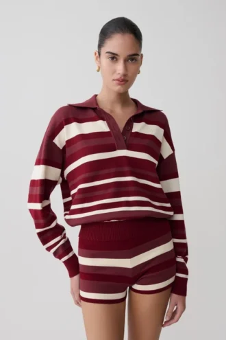 Philly Stripe gebreide trui met lange mouwen – Bordeauxrood/Crème