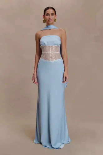 Pilar strapless maxi-jurk van satijn en kant – Cornflower Blue