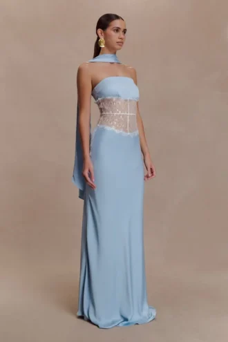 Pilar strapless maxi-jurk van satijn en kant – Cornflower Blue