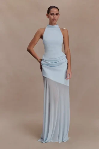 Portia maxi-rok van scuba en mesh – lichtblauw