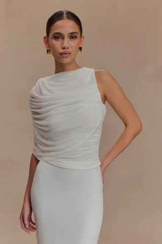 Pruedance slinky gedrapeerde top met mesh overlay – Wit