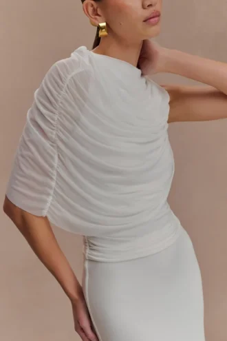 Pruedance slinky gedrapeerde top met mesh overlay – Wit