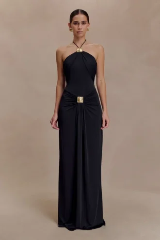 Quincy halter maxi-jurk met metalen details – Zwart