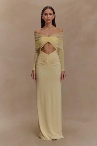 Rafaella slinky en mesh maxi-jurk – Lemon