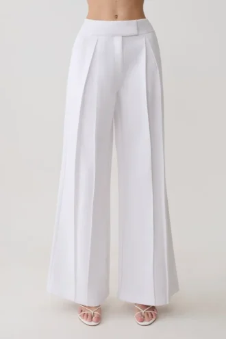 Raya linnen broek met middelhoge taille en wijde pijpen – Wit