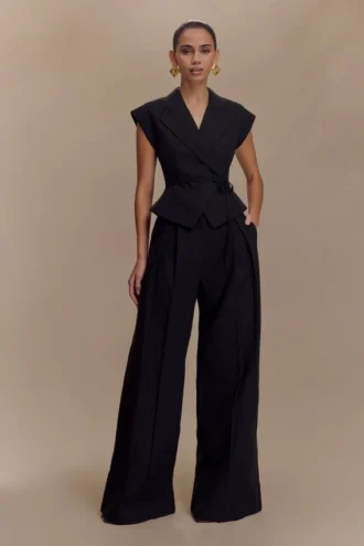 Raya linnen broek met middelhoge taille en wijde pijpen – Zwart