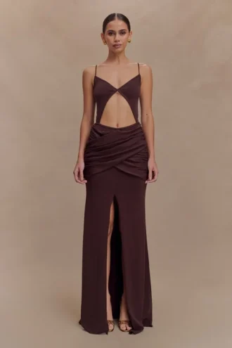 Reama overslag maxi-jurk van gebreid materiaal – Chocoladebruin