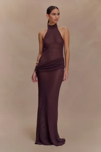 Reece haltertop maxi-jurk van gebreid materiaal – Chocoladebruin