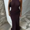Reece haltertop maxi-jurk van gebreid materiaal – Chocoladebruin