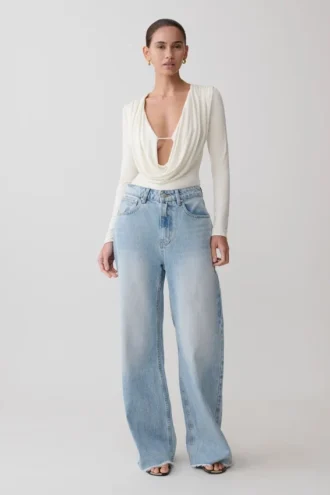 Ren Cowl slinky bodysuit met lange mouwen – ivoor