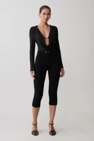 Ren Cowl Slinky Bodysuit met lange mouwen – Zwart