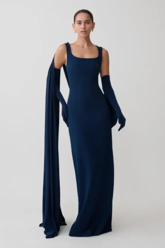 Rhea afneembare cape jersey maxi-jurk – marineblauw