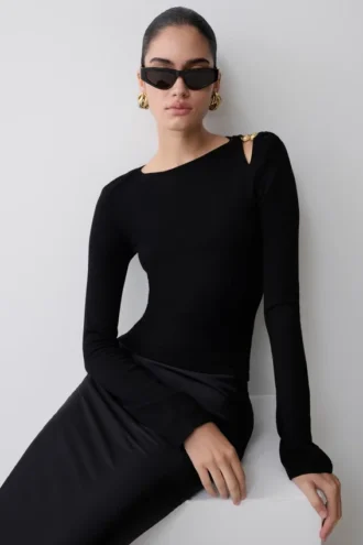 Ricky gebreide top met lange mouwen en lang model – Zwart