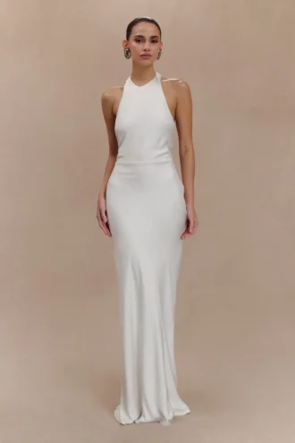 Rinna satijnen halter maxi-jurk – ivoor