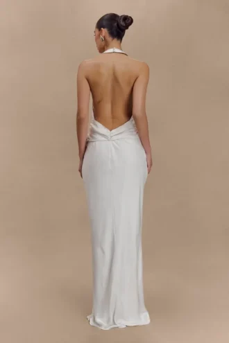 Rinna satijnen halter maxi-jurk – ivoor