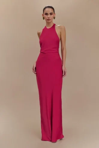 Rinna satijnen halter maxi-jurk – Pink Cherry