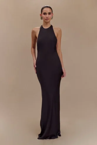 Rinna satijnen halter maxi-jurk – Zwart