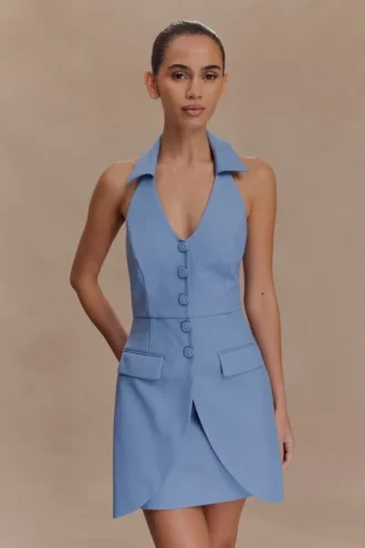Ruth katoenen halter mini-jurk – oceaanblauw