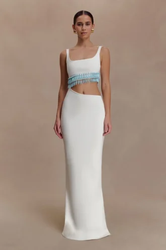 Ruvic gebreide maxi-jurk met kralen – Wit