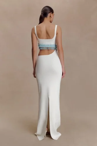 Ruvic gebreide maxi-jurk met kralen – Wit