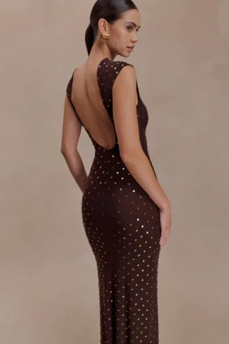 Samara mouwloze maxi-jurk met strass – Chocoladebruin