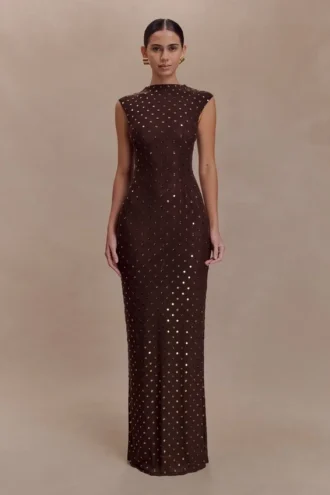 Samara mouwloze maxi-jurk met strass – Chocoladebruin