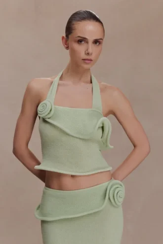 Samira gebreide haltertop met draai – pastelgroen