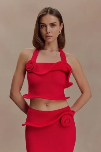 Samira gebreide haltertop met gedraaide pas – Rood