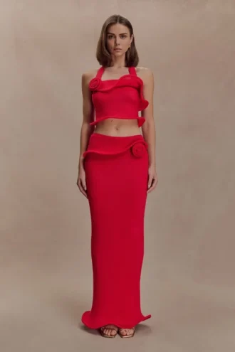 Samira gebreide maxi-rok met beugels – Rood