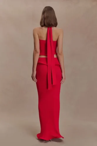 Samira gebreide maxi-rok met beugels – Rood