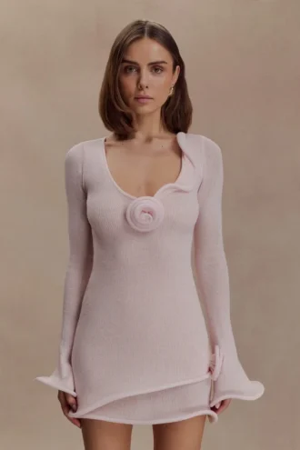 Samira gebreide mini-jurk met lange mouwen – Misty Rose